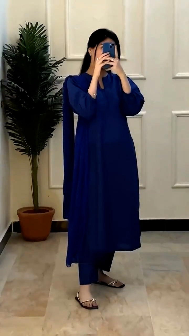 Celestia - Navy Blue Raw Silk with Silk Chiffon Dupatta
