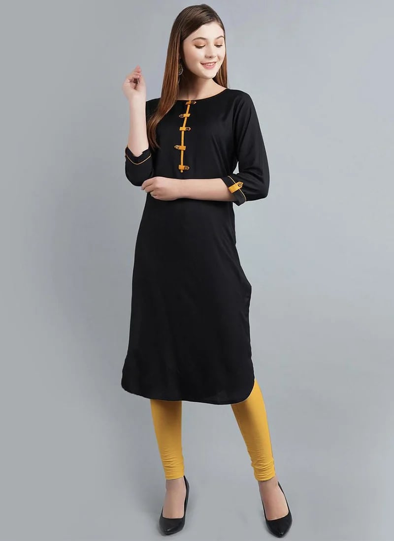 Black Rayon Kurta with Yellow Leggings Set for Office & Daily Wear