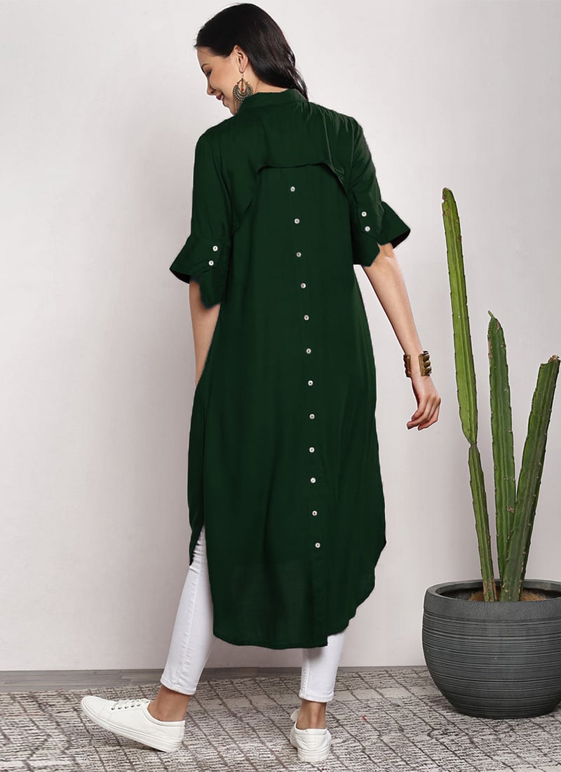 Elegant Bottle Green Rayon Kurta with White Straight Pants