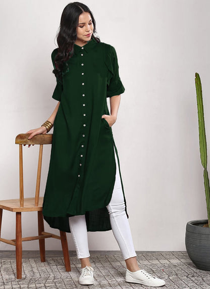 Elegant Bottle Green Rayon Kurta with White Straight Pants