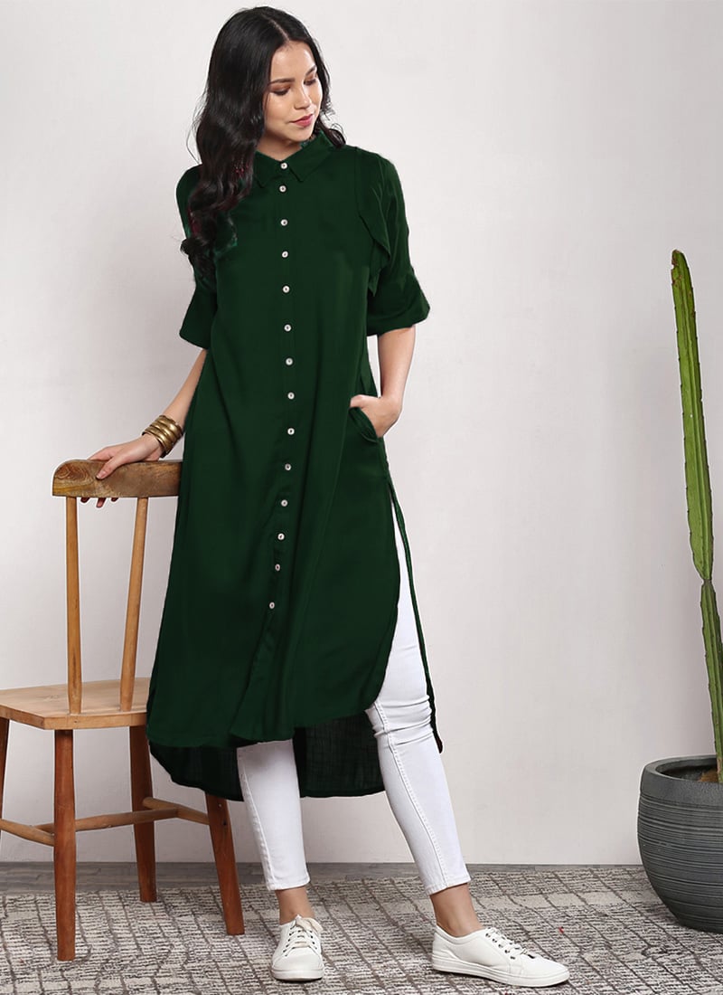 Elegant Bottle Green Rayon Kurta with White Straight Pants