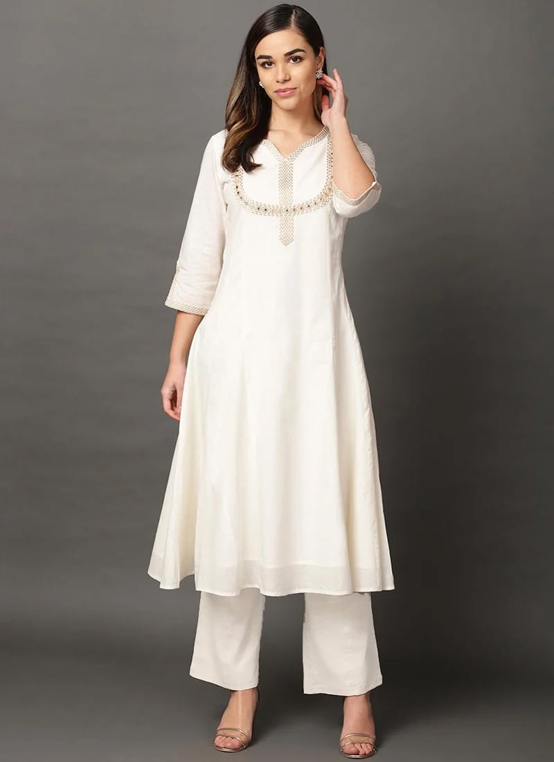 Embroidered Off-White Rayon Kurta with Palazzo