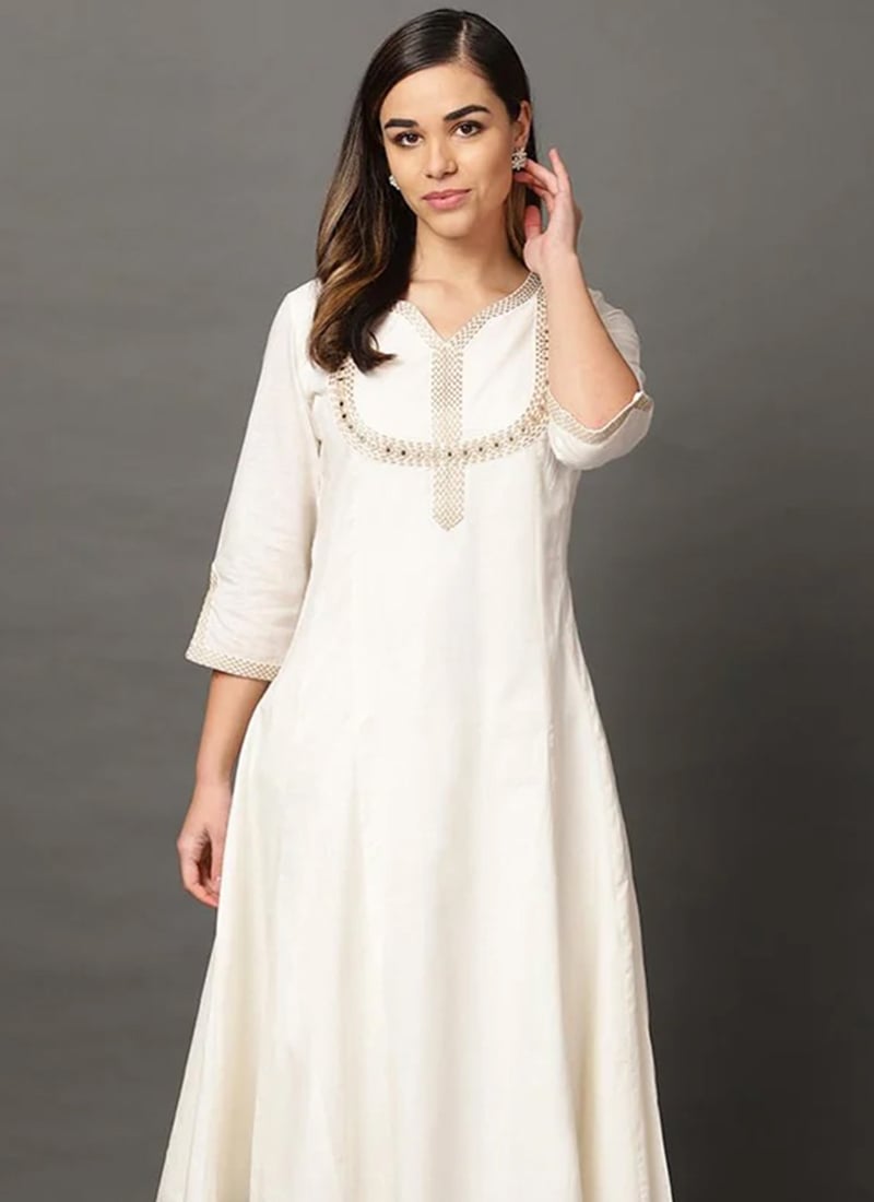 Embroidered Off-White Rayon Kurta with Palazzo