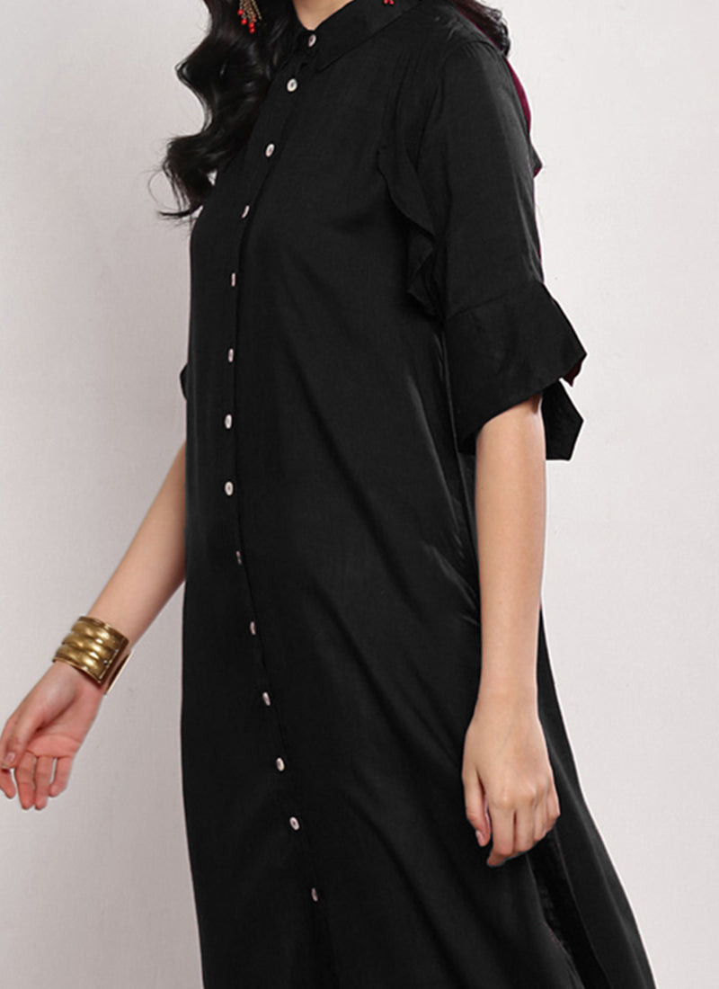 Black Rayon Kurta with White Straight Pants Set for Office & Daily Wear