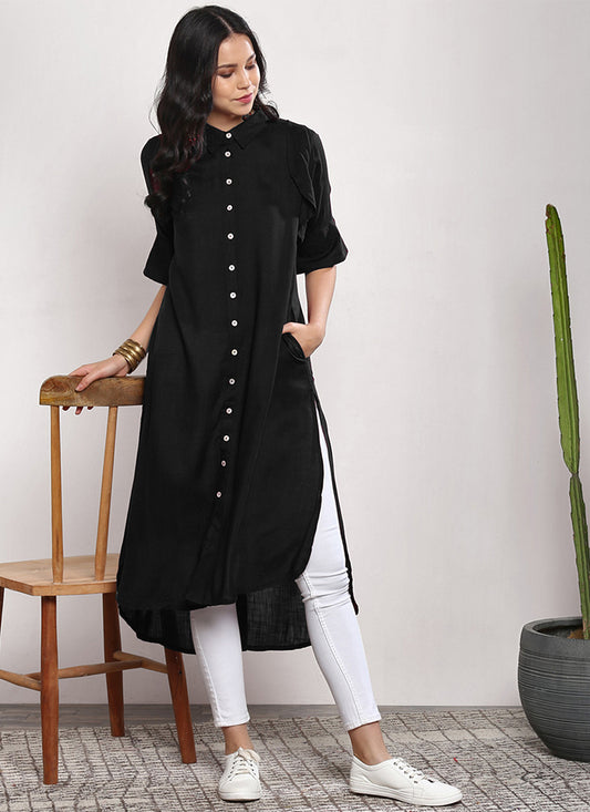 Black Rayon Kurta with White Straight Pants Set for Office & Daily Wear