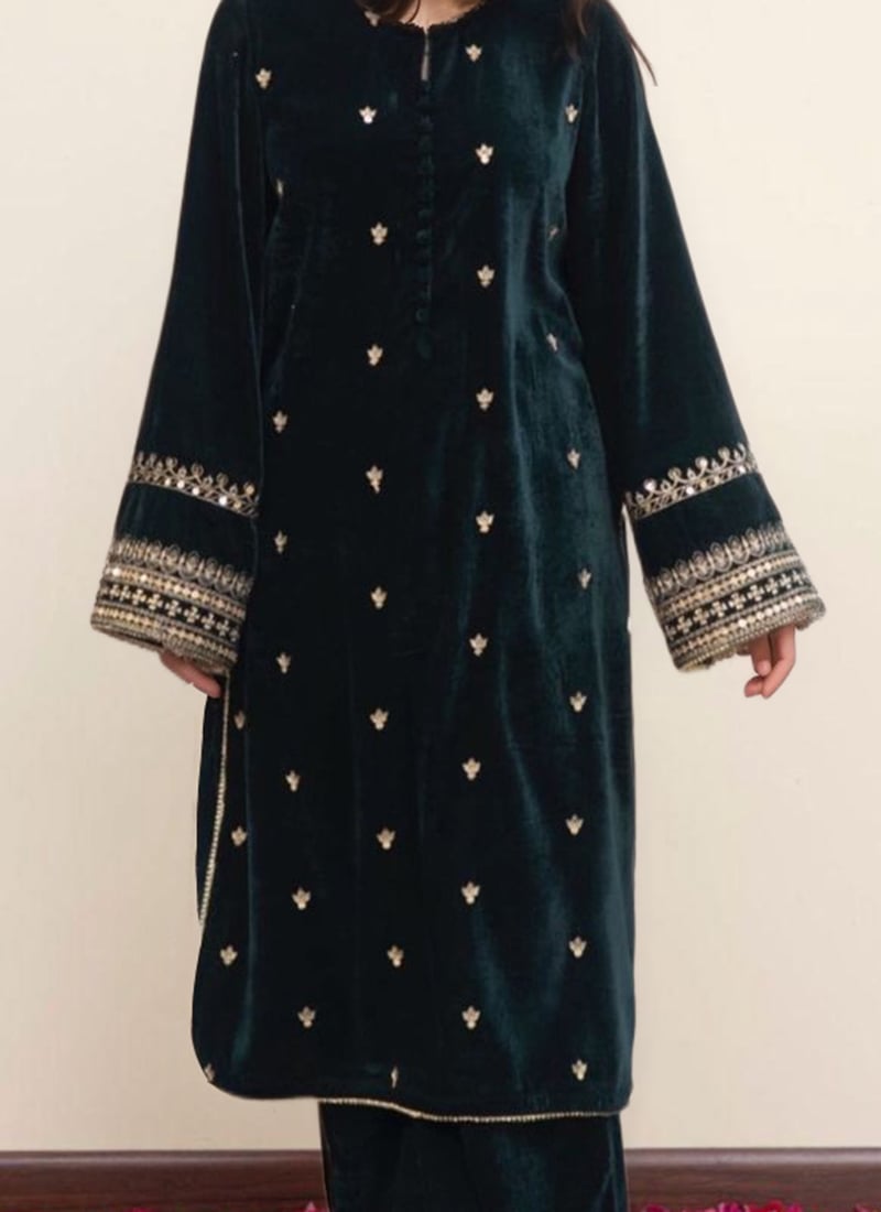 Green Velvet Hand-Embroidered Mirror Work Kurti Palazzo Set