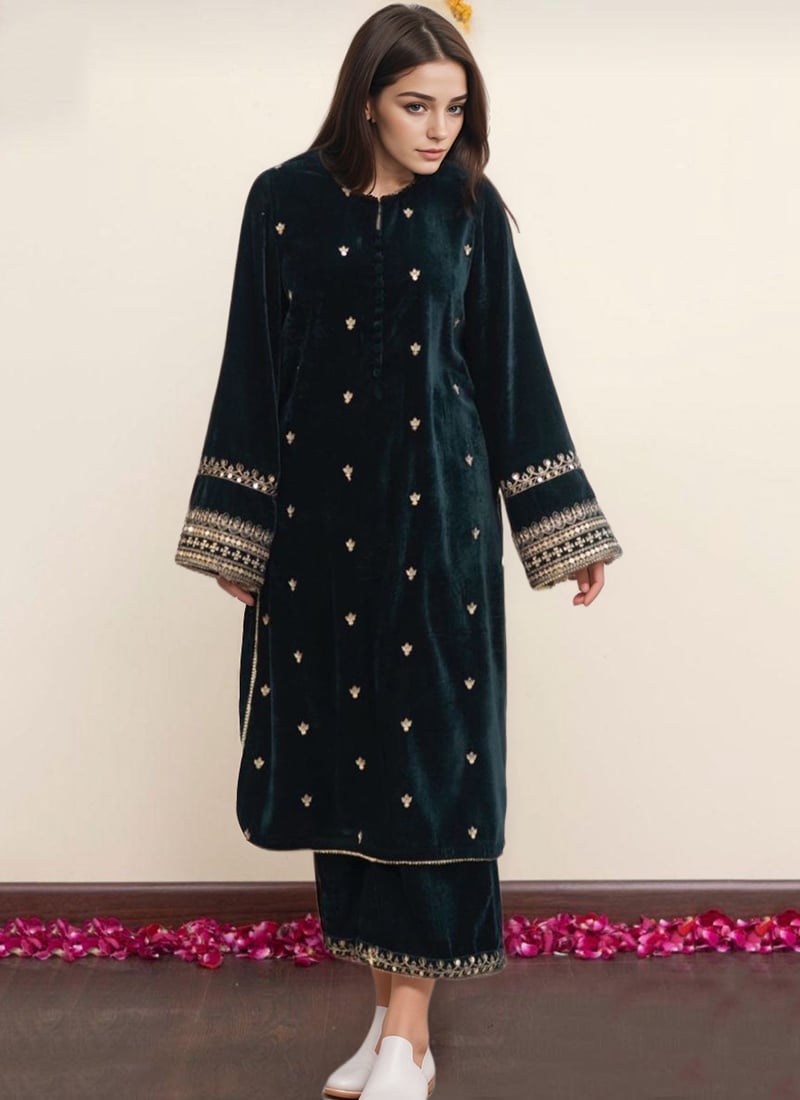 Green Velvet Hand-Embroidered Mirror Work Kurti Palazzo Set