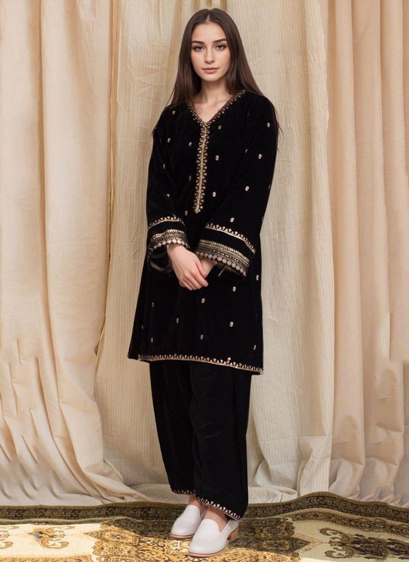 Black Velvet Zari Hand Embroidered Kurta Palazzo Set for Festive & Eid Wear