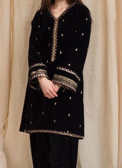 Black Velvet Zari Hand Embroidered Kurta Palazzo Set for Festive & Eid Wear