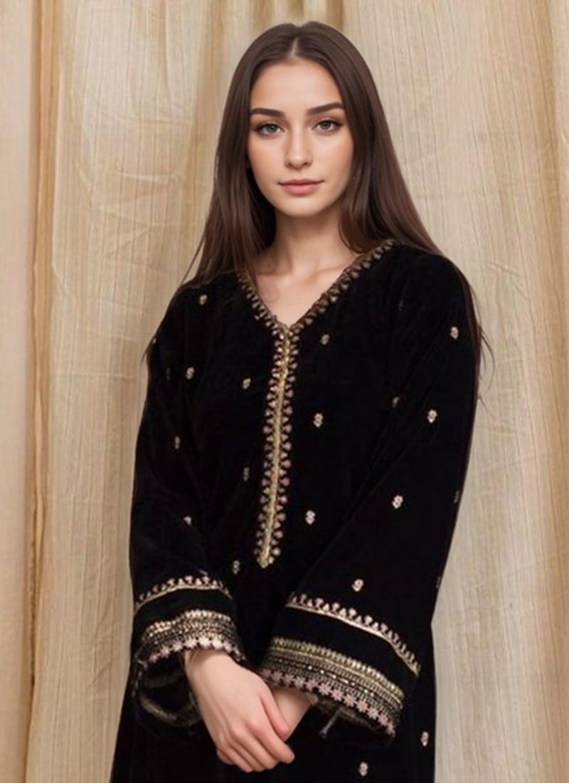 Black Velvet Zari Hand Embroidered Kurta Palazzo Set for Festive & Eid Wear