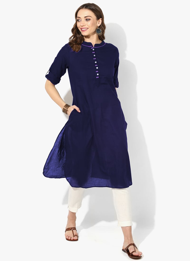 Blue Rayon Kurta with White Straight Pants Set for Work & Casual Wear