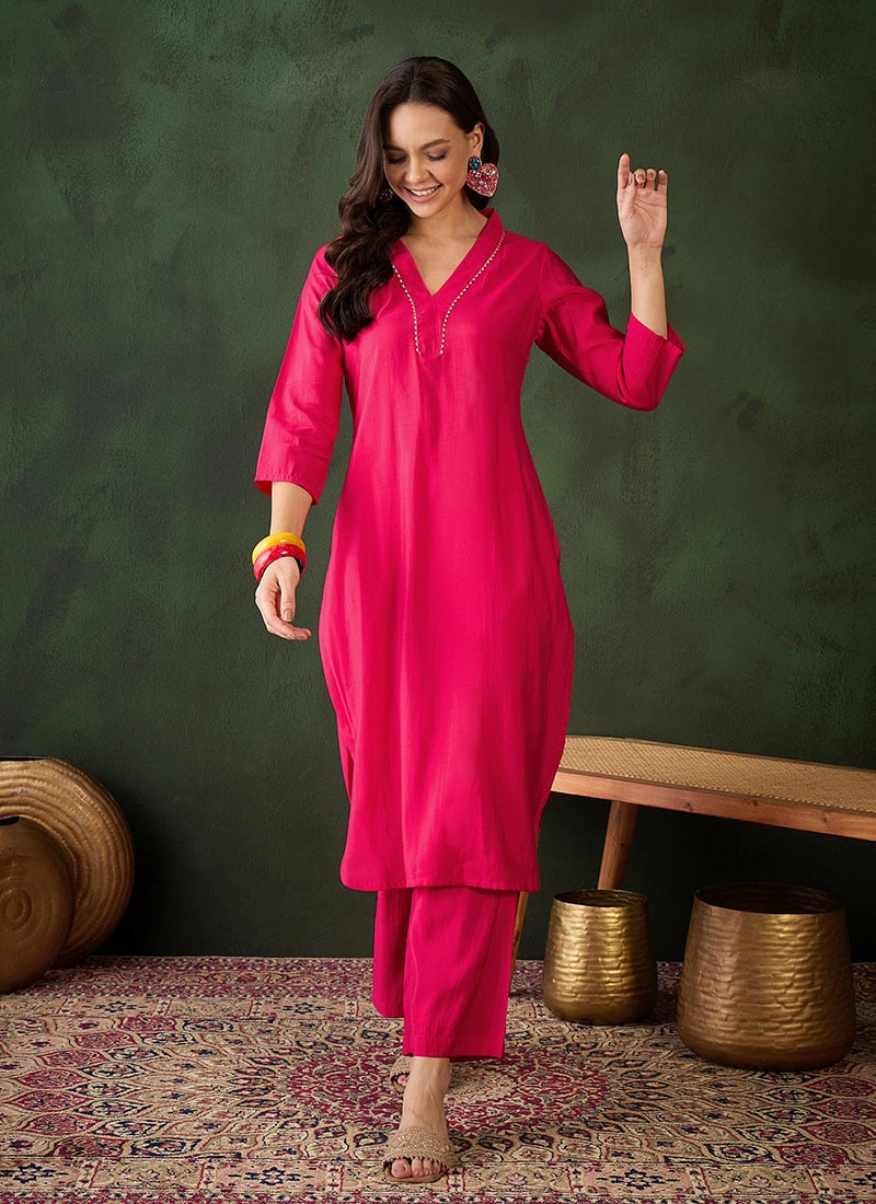 Coral Chanderi Silk Kurta with Straight Pants – Elegant After Six Wear