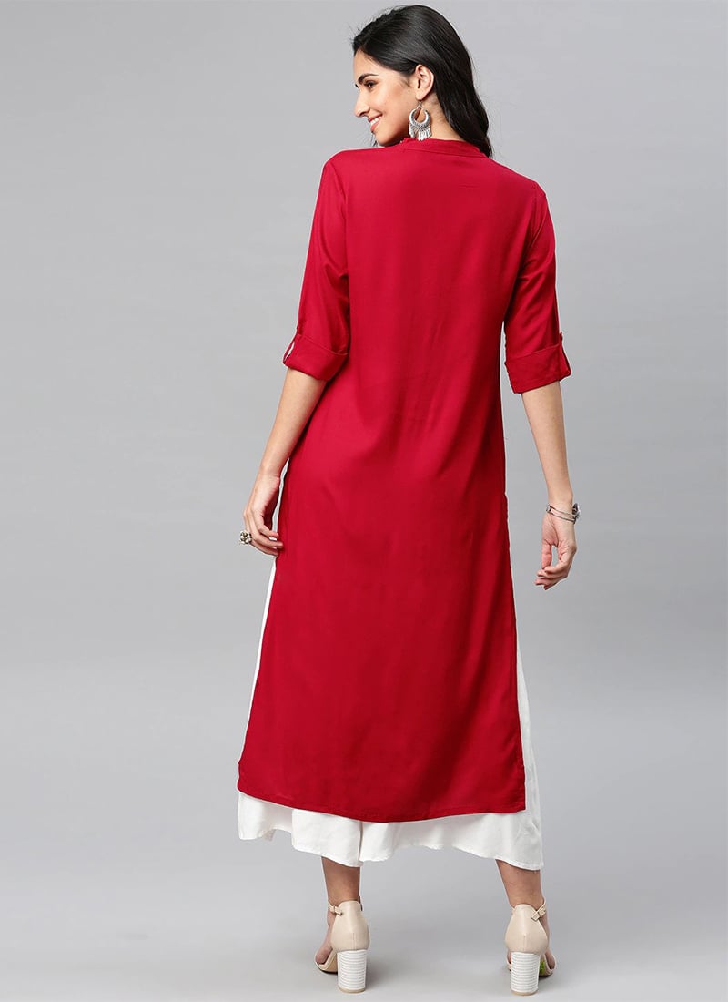 Crimson Red Solid Rayon Kurta Palazzo Set for Work & Casual Wear