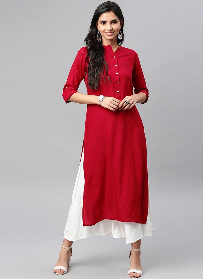Crimson Red Solid Rayon Kurta Palazzo Set for Work & Casual Wear