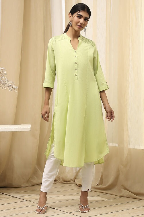 Light Green Cotton Blend Straight Kurta with Subtle Detailing