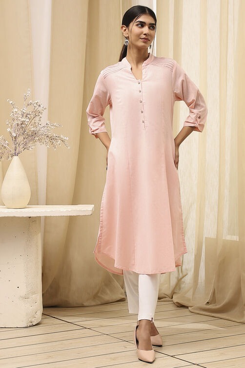 Light Pink Cotton Blend Straight Kurta with V-Neck