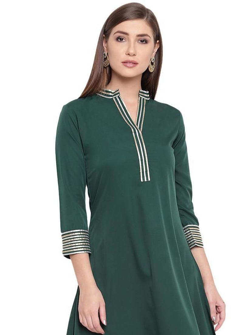 Green Rayon Kurta with Gold Leggings Set for Office & Casual Wear