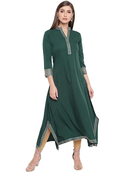 Green Rayon Kurta with Gold Leggings Set for Office & Casual Wear