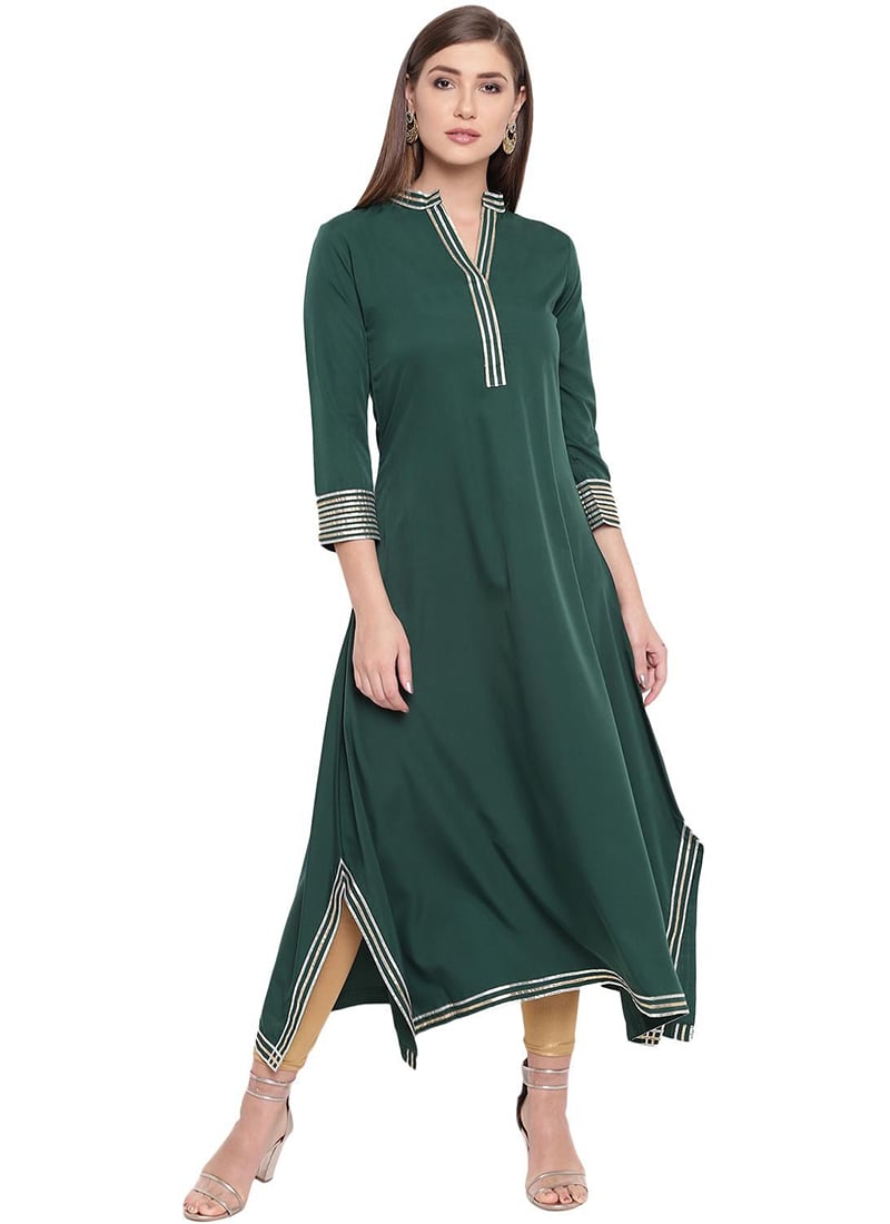 Green Rayon Kurta with Gold Leggings Set for Office & Casual Wear