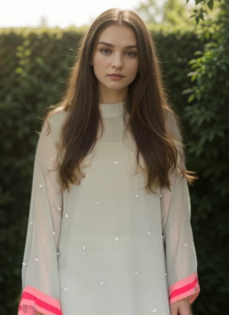 Grey Faux Georgette Cut Dana Hand Embroidered Kurta with Straight Silk Pants