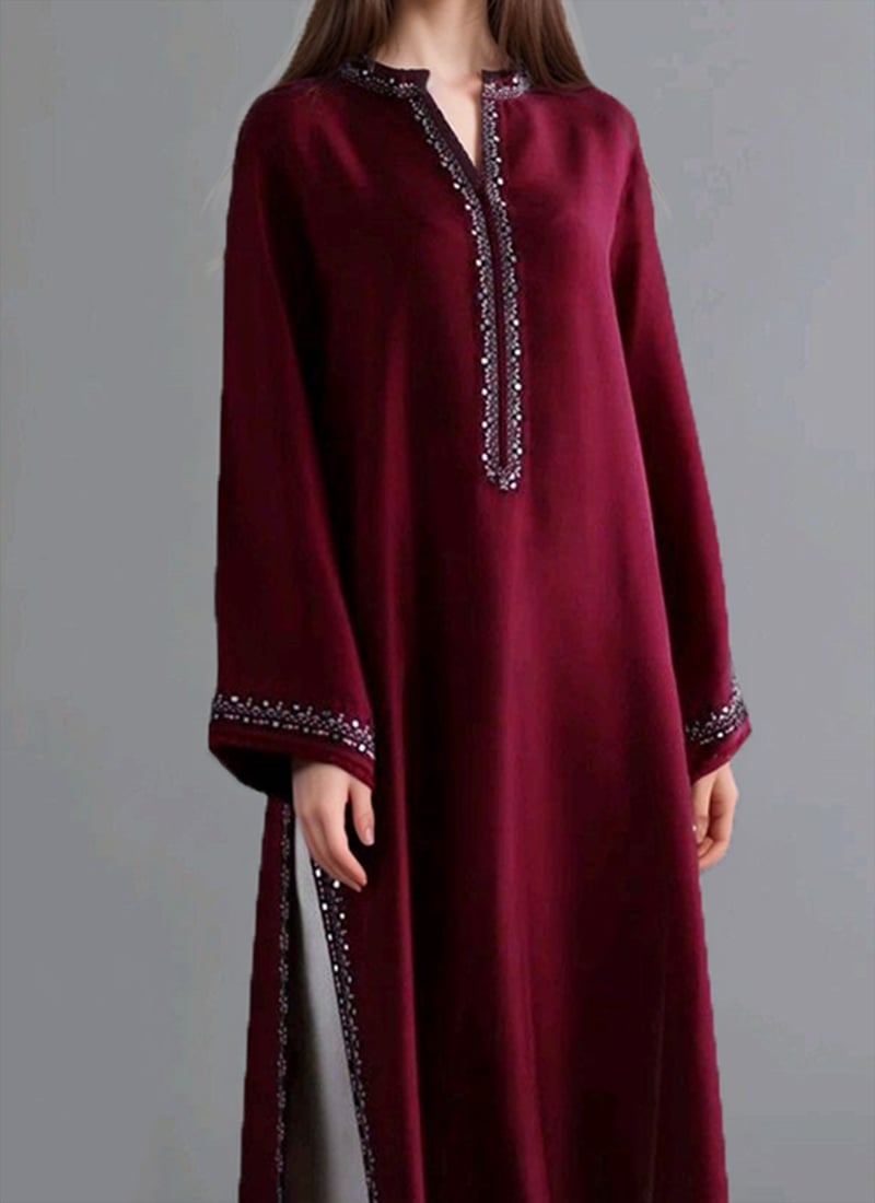 Elegant Wine Satin Georgette Hand-Embroidered Mirror Work Kurta Set for Festive Wear