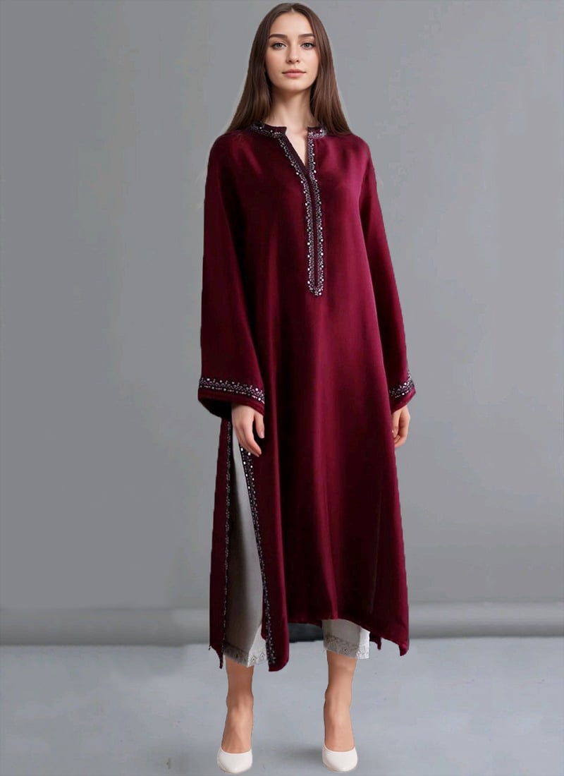 Elegant Wine Satin Georgette Hand-Embroidered Mirror Work Kurta Set for Festive Wear