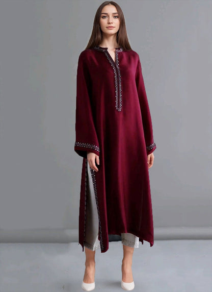 Elegant Wine Satin Georgette Hand-Embroidered Mirror Work Kurta Set for Festive Wear