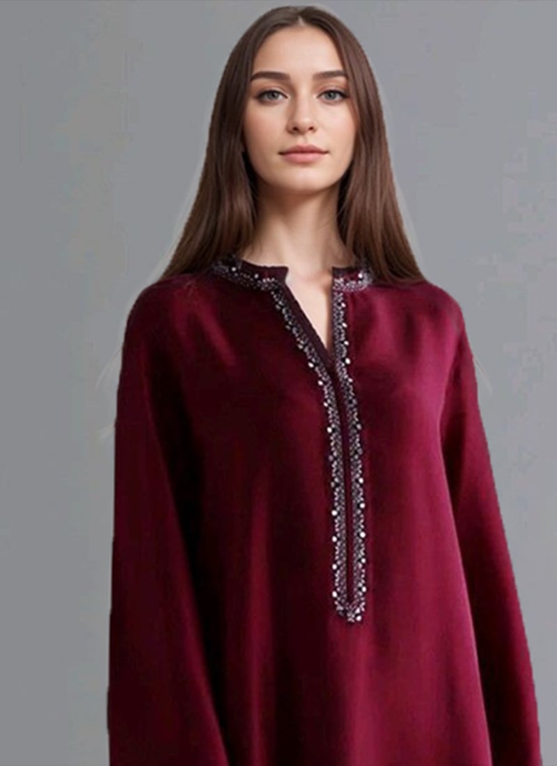 Elegant Wine Satin Georgette Hand-Embroidered Mirror Work Kurta Set for Festive Wear