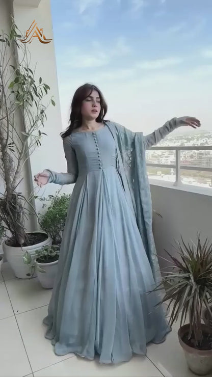 Elysia - Enchanting Gray Crinkle Chiffon with Kataan Silk Lining and Embroidered Dupatta