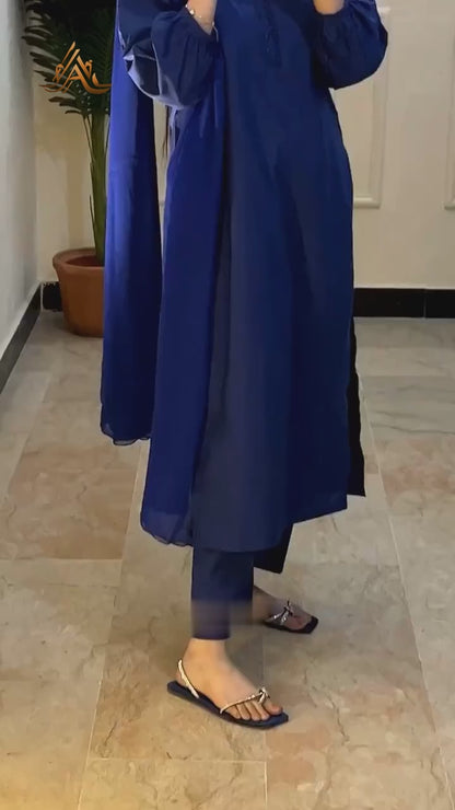 Celestia - Navy Blue Raw Silk with Silk Chiffon Dupatta