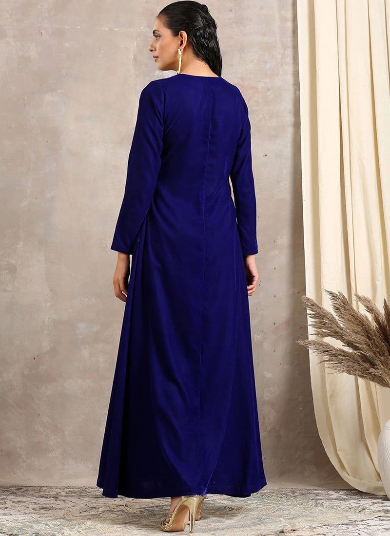 Royal Blue Velvet Embroidered Gaun Straight Pant Set for Work & Semi-Formal Wear