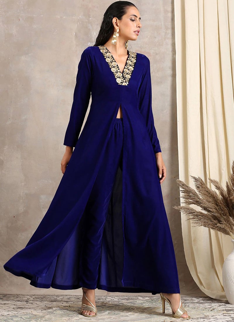 Royal Blue Velvet Embroidered Gaun Straight Pant Set for Work & Semi-Formal Wear