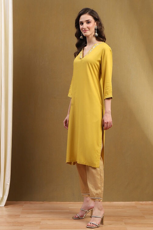 Mustard Yellow Rayon Straight Kurta with V-Neck & Lace Sleeve Detailing