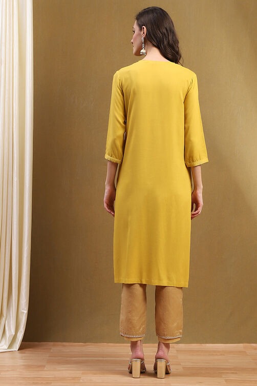 Mustard Yellow Rayon Straight Kurta with V-Neck & Lace Sleeve Detailing