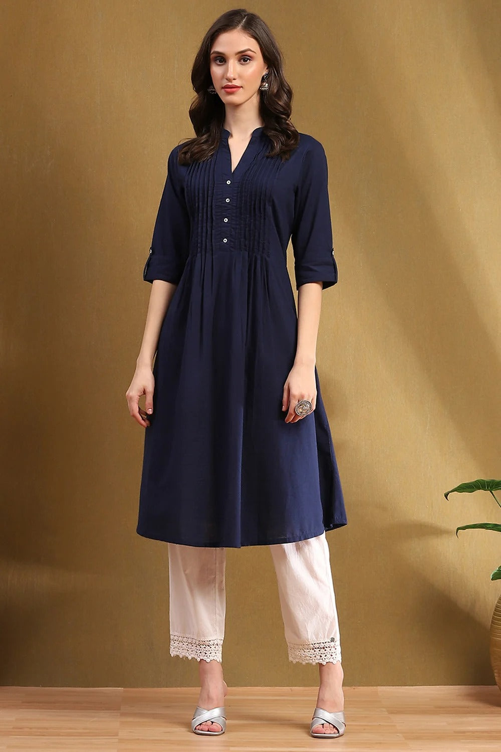 Elegant Navy Blue Cotton A-Line Kurta with Pleated Detailing