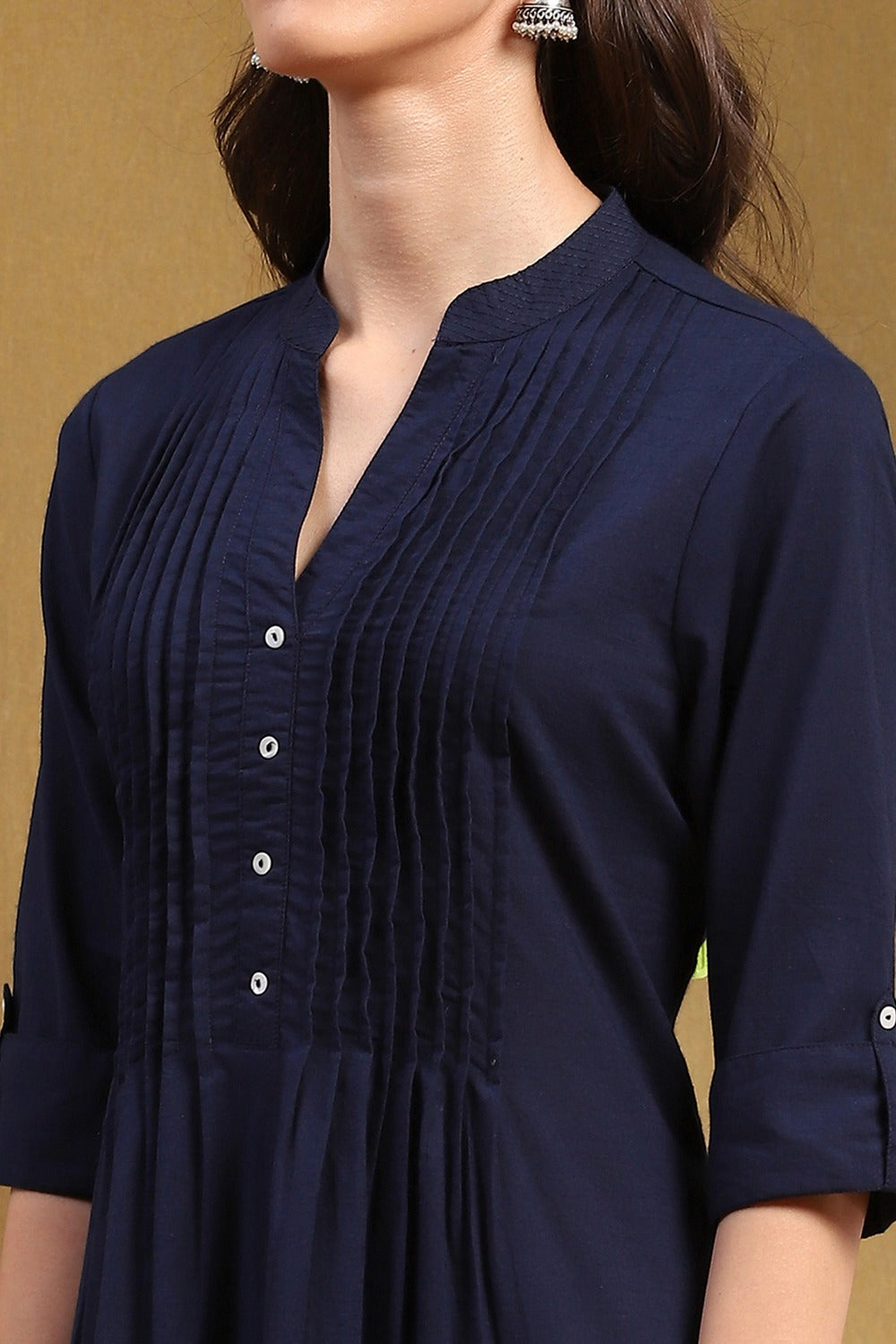 Elegant Navy Blue Cotton A-Line Kurta with Pleated Detailing
