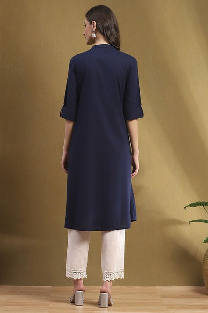 Elegant Navy Blue Cotton A-Line Kurta with Pleated Detailing
