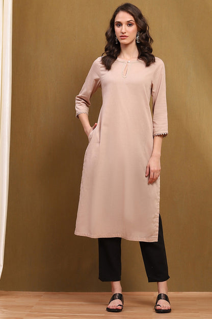 Beige Cotton Blend Straight Kurta with Threadwork & Lace Detailing