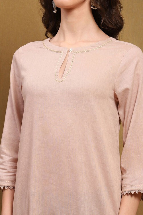 Beige Cotton Blend Straight Kurta with Threadwork & Lace Detailing