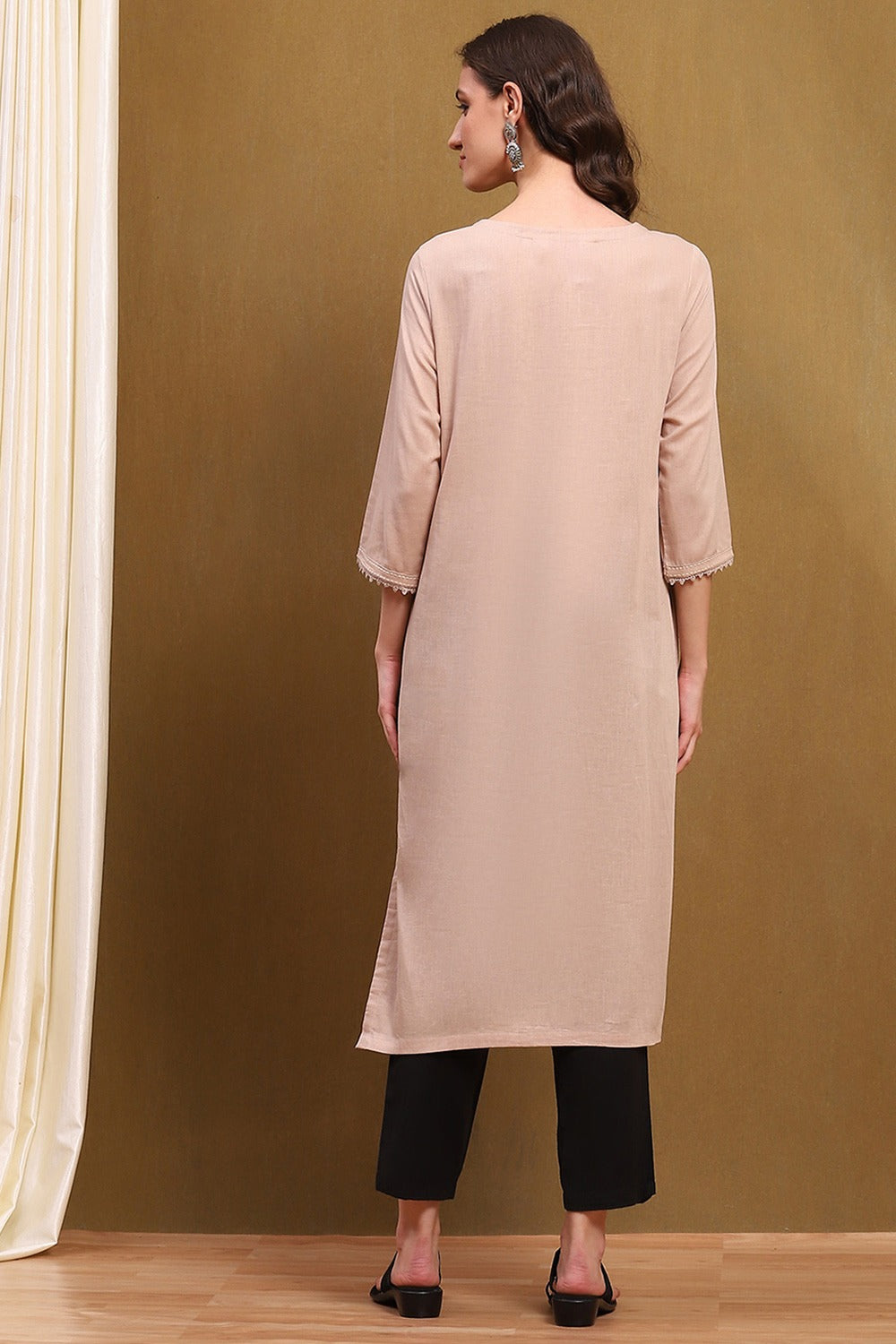 Beige Cotton Blend Straight Kurta with Threadwork & Lace Detailing
