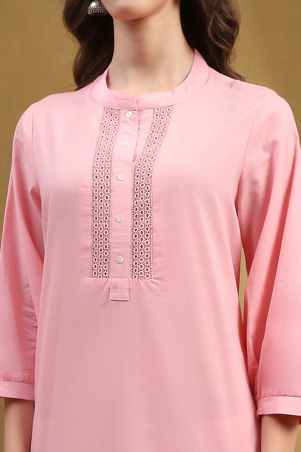 Blush Pink Cotton Straight Kurta with Schiffli Detailing & Puff Sleeves