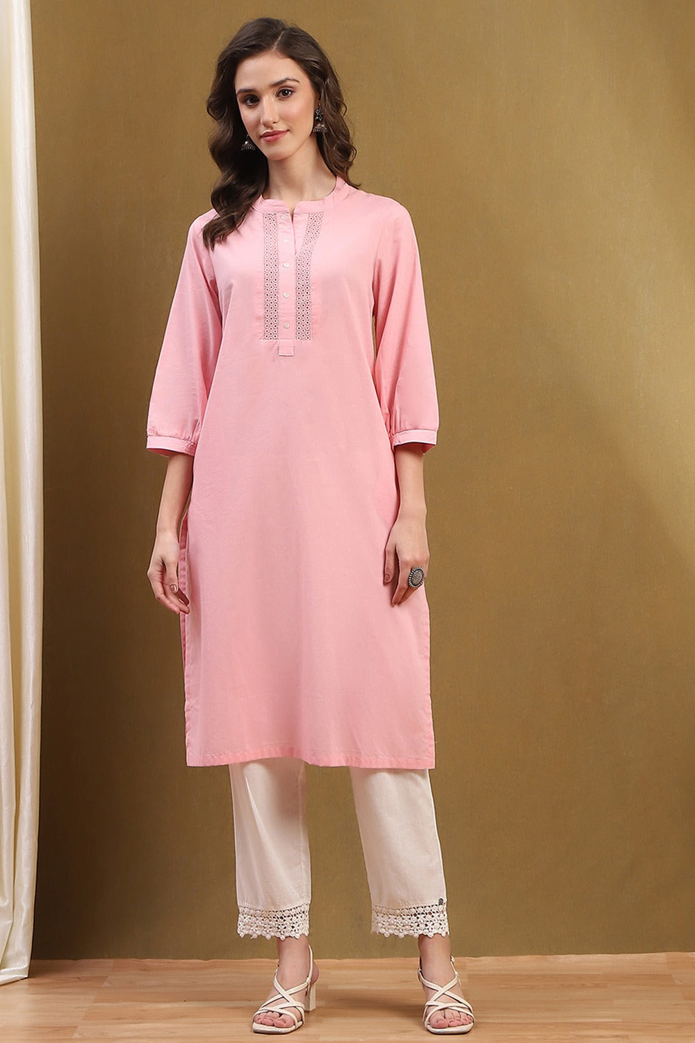 Blush Pink Cotton Straight Kurta with Schiffli Detailing & Puff Sleeves