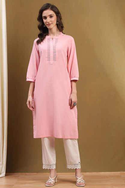 Blush Pink Cotton Straight Kurta with Schiffli Detailing & Puff Sleeves
