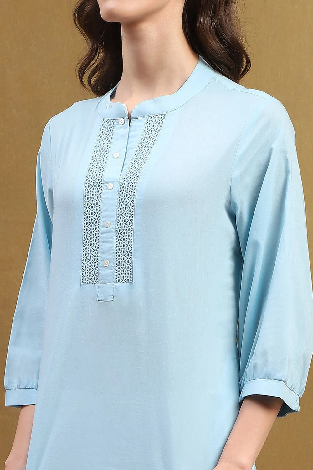 Ice Blue Cotton Straight Kurta with Schiffli Embroidery & Puff Sleeves