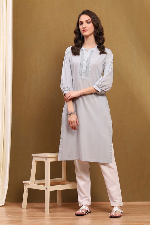 Steel Grey Cotton Straight Kurta with Schiffli Embroidery & Puff Sleeves