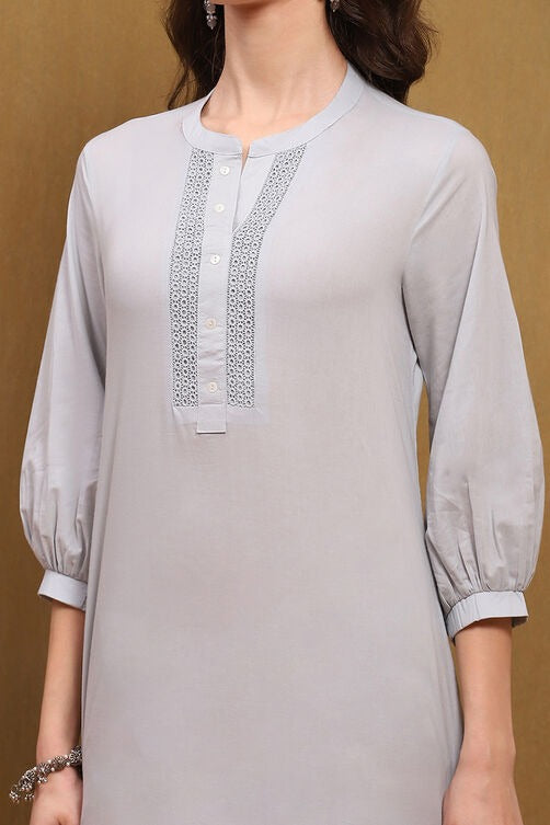 Steel Grey Cotton Straight Kurta with Schiffli Embroidery & Puff Sleeves