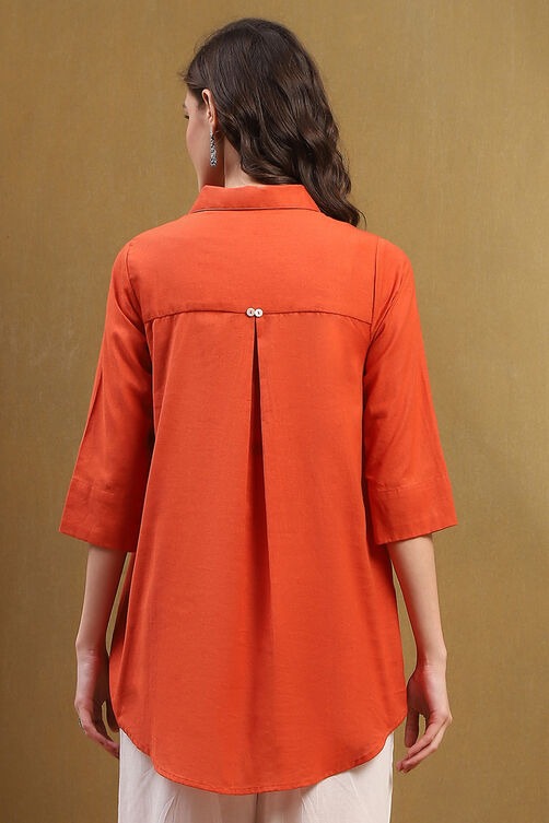 Burnt Orange Cotton Blend Shirt-Style Kurti with High-Low Hem
