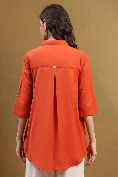 Burnt Orange Cotton Blend Shirt-Style Kurti with High-Low Hem