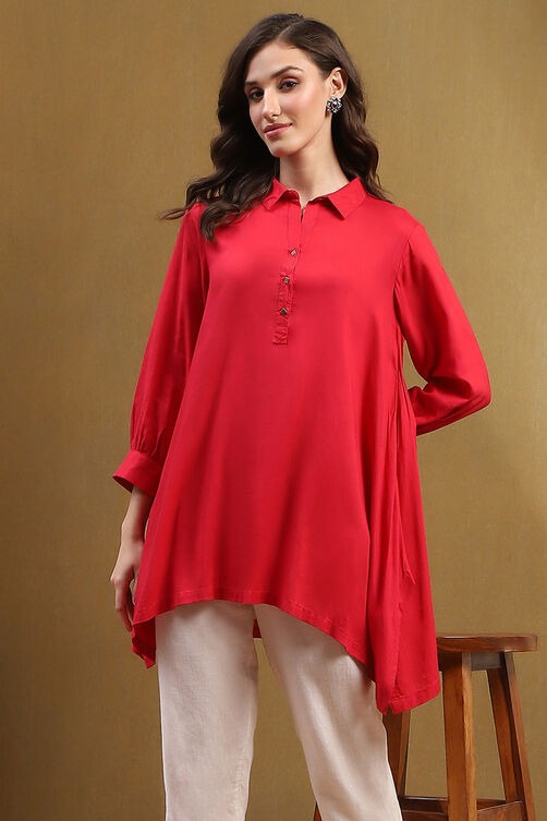 Tomato Red Rayon Asymmetric Short Kurta with Shirt Collar & Puff Sleeves