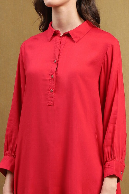 Tomato Red Rayon Asymmetric Short Kurta with Shirt Collar & Puff Sleeves